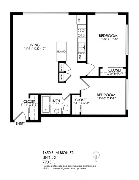 Floor plan for 2 beds, 1 bath, 825 sqft